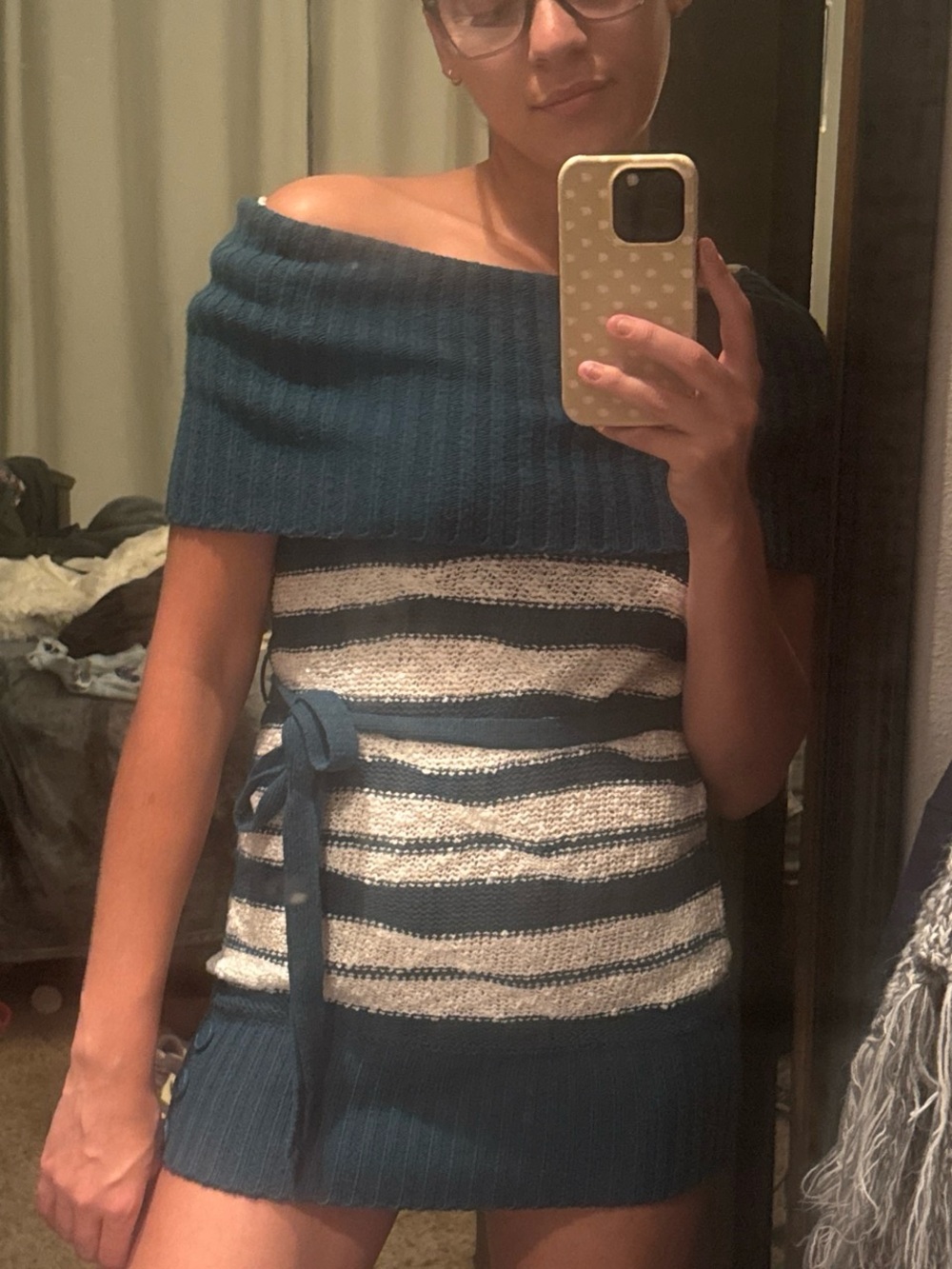 Moral Fiber Teal and Cream Off-Shoulder Striped Sweater Dress